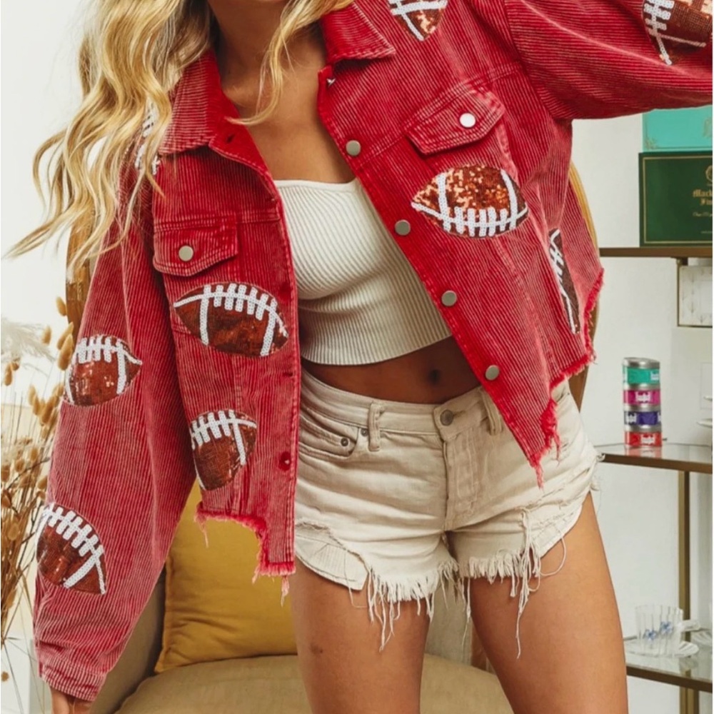 NWT Red Corduroy Football Print Cropped Sequin Jacket - Picture 2 of 11